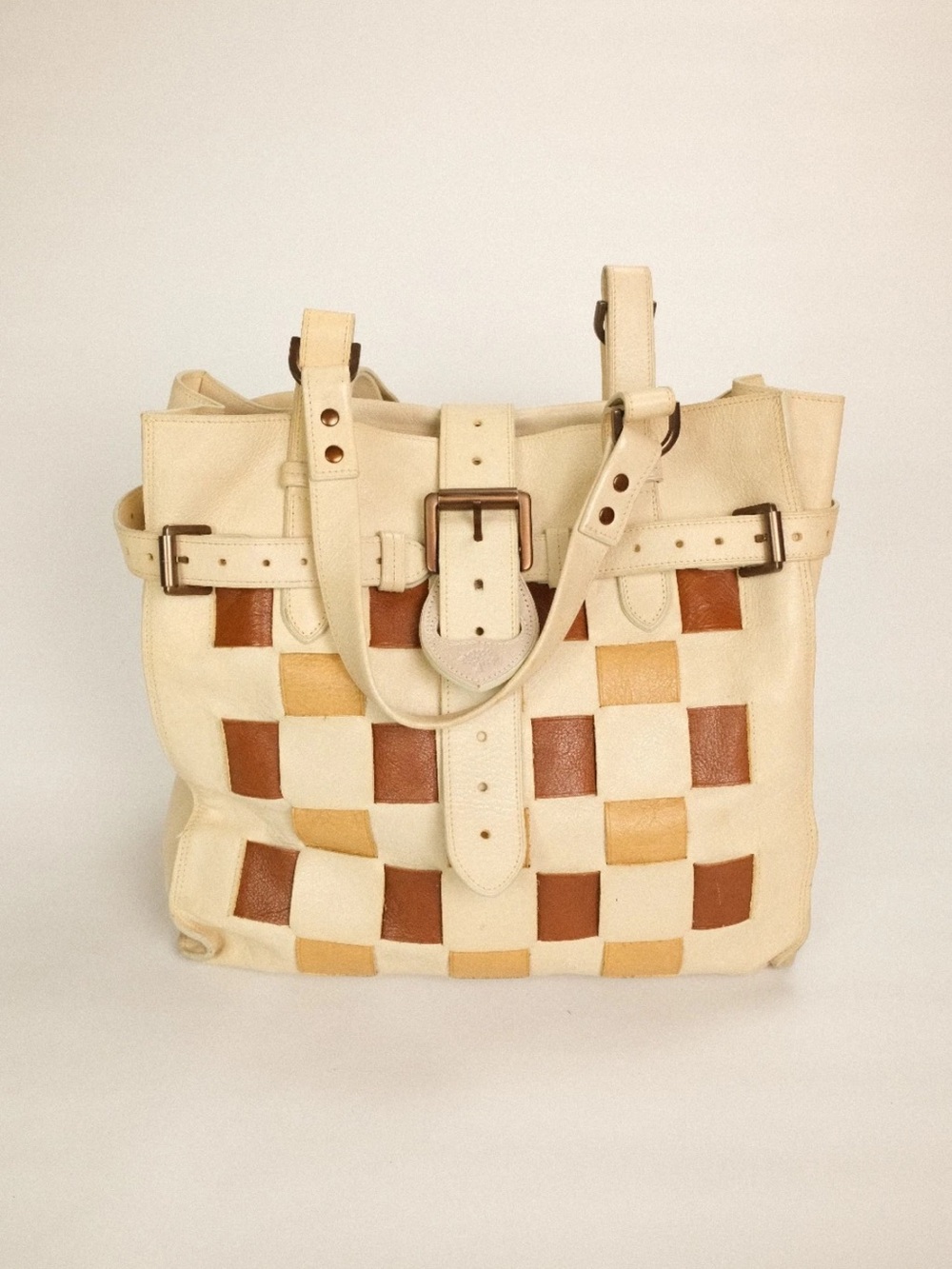 Mulberry Cream Woven Leather Tote with Tan and Brown Insets